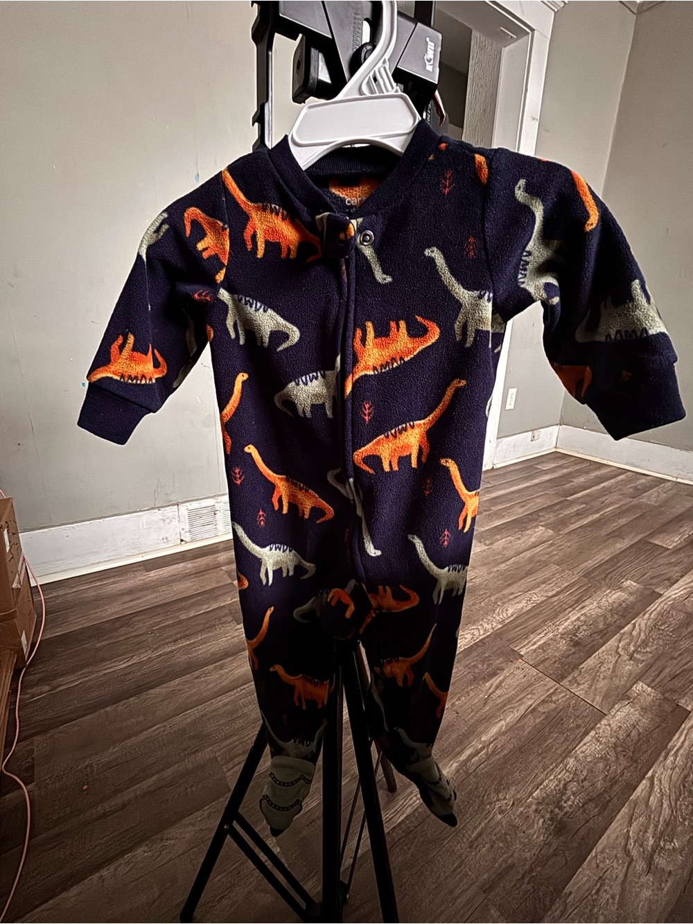 Unbranded Navy Kids One-Piece Fleece Pajamas with Orange & Gray Dinosaurs 029